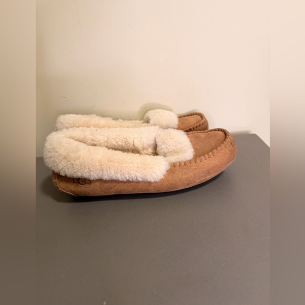 UGG Chestnut Suede Shearling Lined Slippers with Cream Fur Trim